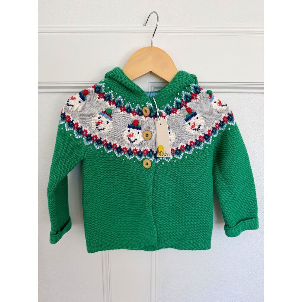 Baby Boden 9-12M NWT Christmas Cardigan Snowman Fair Isle Hooded Sweater Green